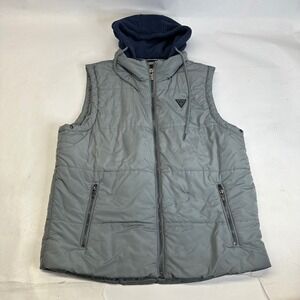 Guess Puffer Vest Hooded Grey Full Zip‎ Pockets Logo Mens Large